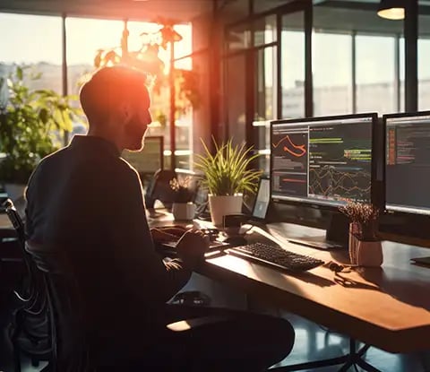 A serene workspace with two screens displaying data analysis and coding, lit by warm sunlight and surrounded by greenery.
