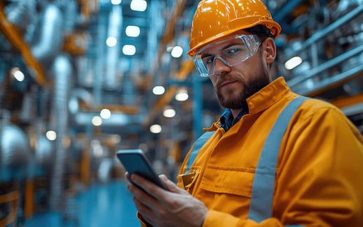 A safety-conscious worker, wearing a bright orange jacket and hard hat, uses a smartphone in an industrial environment with metal structures in the background.