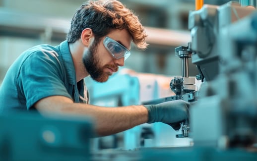 A worker in a blue shirt and gloves operates machines in a factory, concentrating on the task in hand.