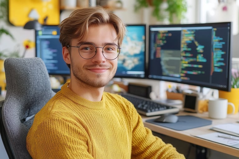 A person dressed in a yellow sweater sits at a desk, surrounded by two monitors displaying code.