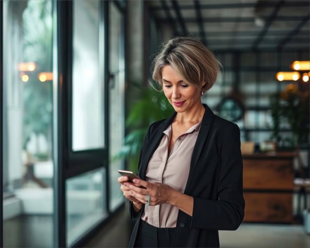 A woman in a black suit consults her telephone in a modern office with large windows and green plants in the background.