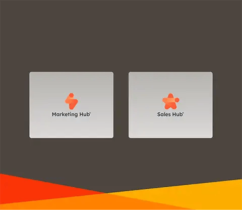 Deux icônes de hub de HubSpot : Sales Hub, Marketing Hub sur un design épuré aux couleurs de Dawco.