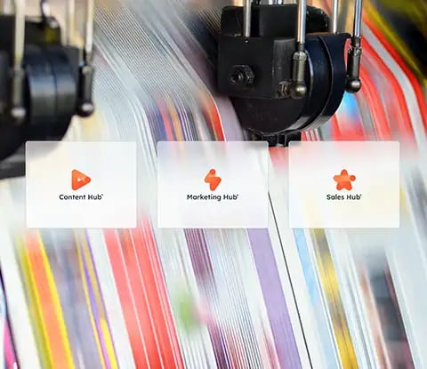 Three HubSpot hub icons: Content Hub, Marketing Hub and Sales Hub are displayed on a textured print background.