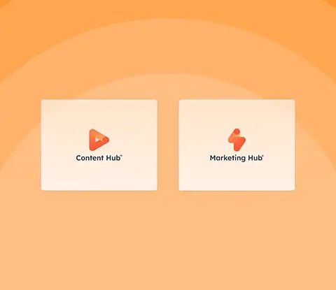 Deux icônes de hub de HubSpot : Content Hub, Marketing Hub sur un design épuré.