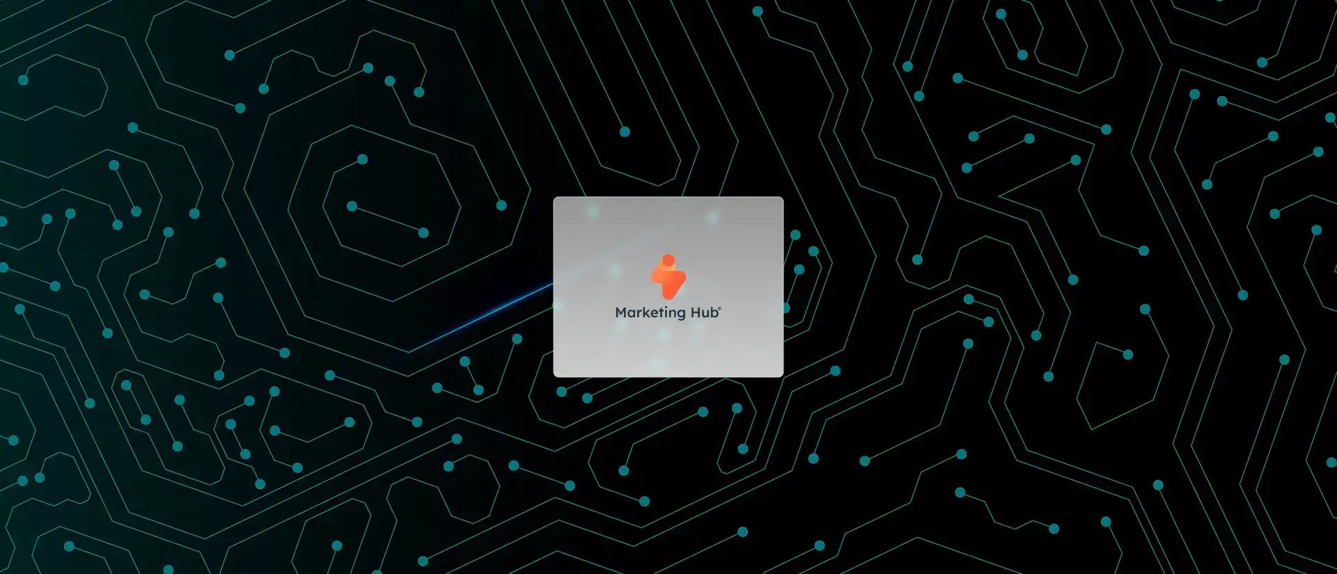Une interface numérique sur fond de circuit imprimé bleu avec, au centre, le logo « Marketing Hub », symbole de l'innovation technologique.