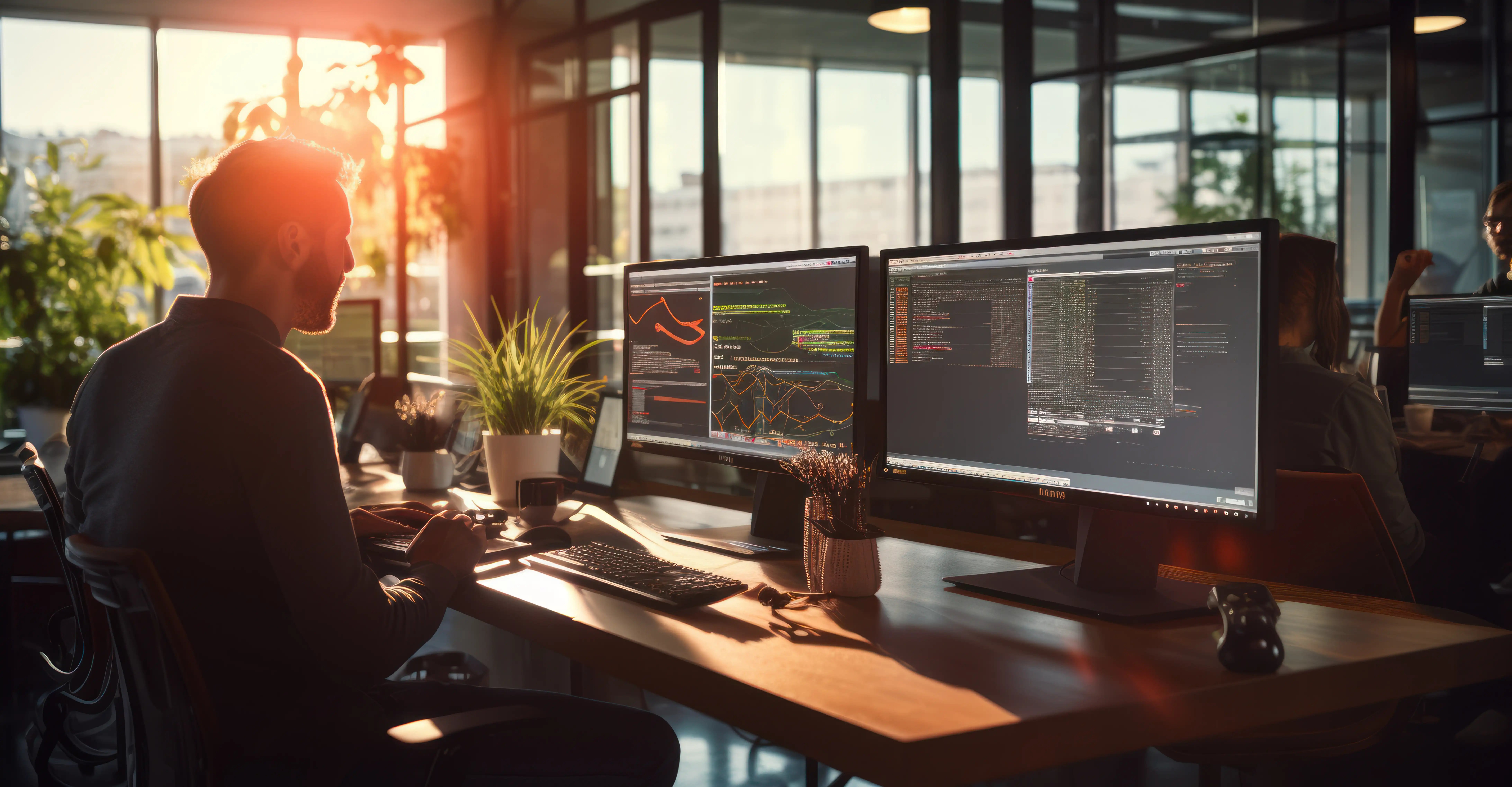 A serene workspace with two screens displaying data analysis and coding, lit by warm sunlight and surrounded by greenery.